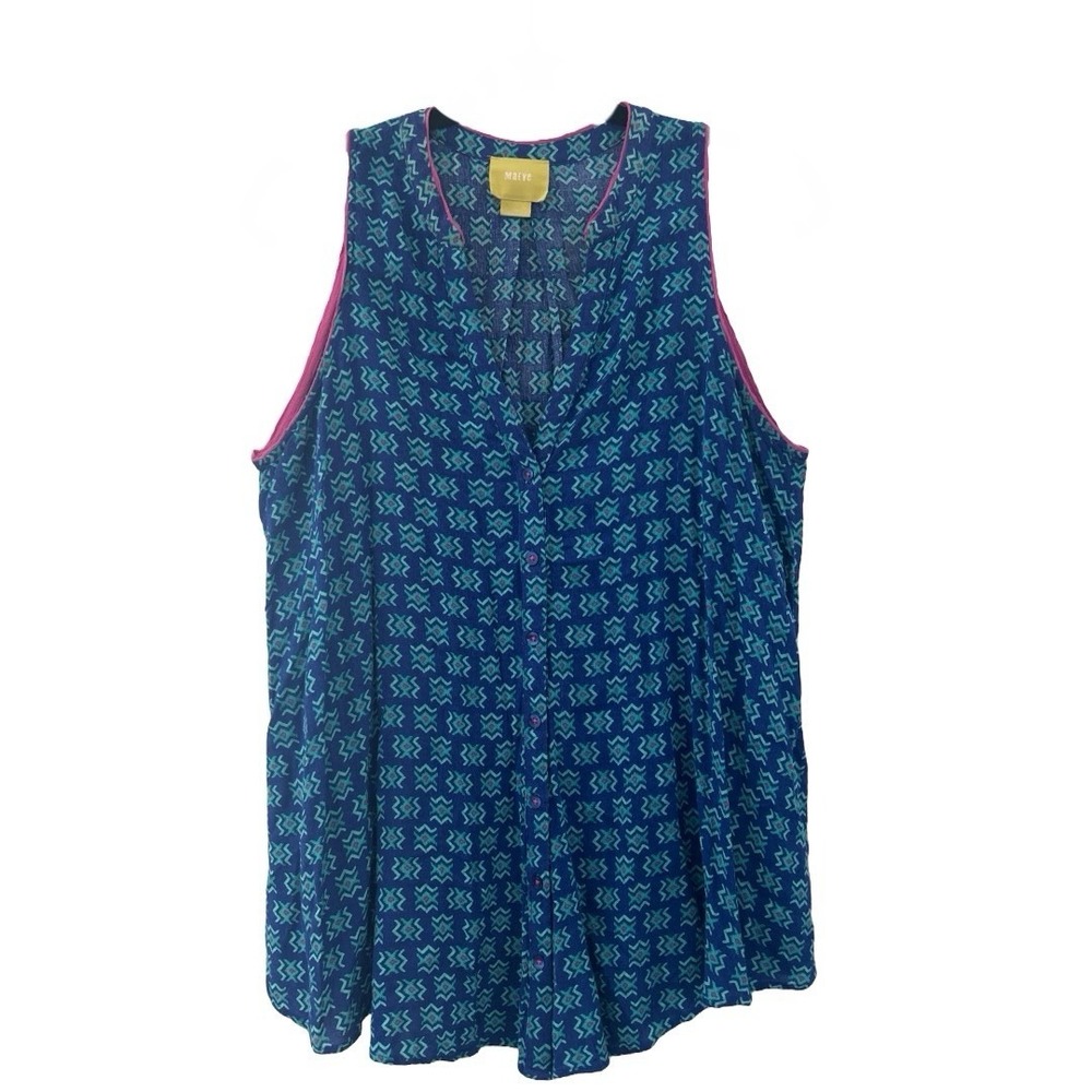 Maeve Anthropologie Blue Pink Trim Aztec Print Sleeveless Ada Blouse Top Size 10